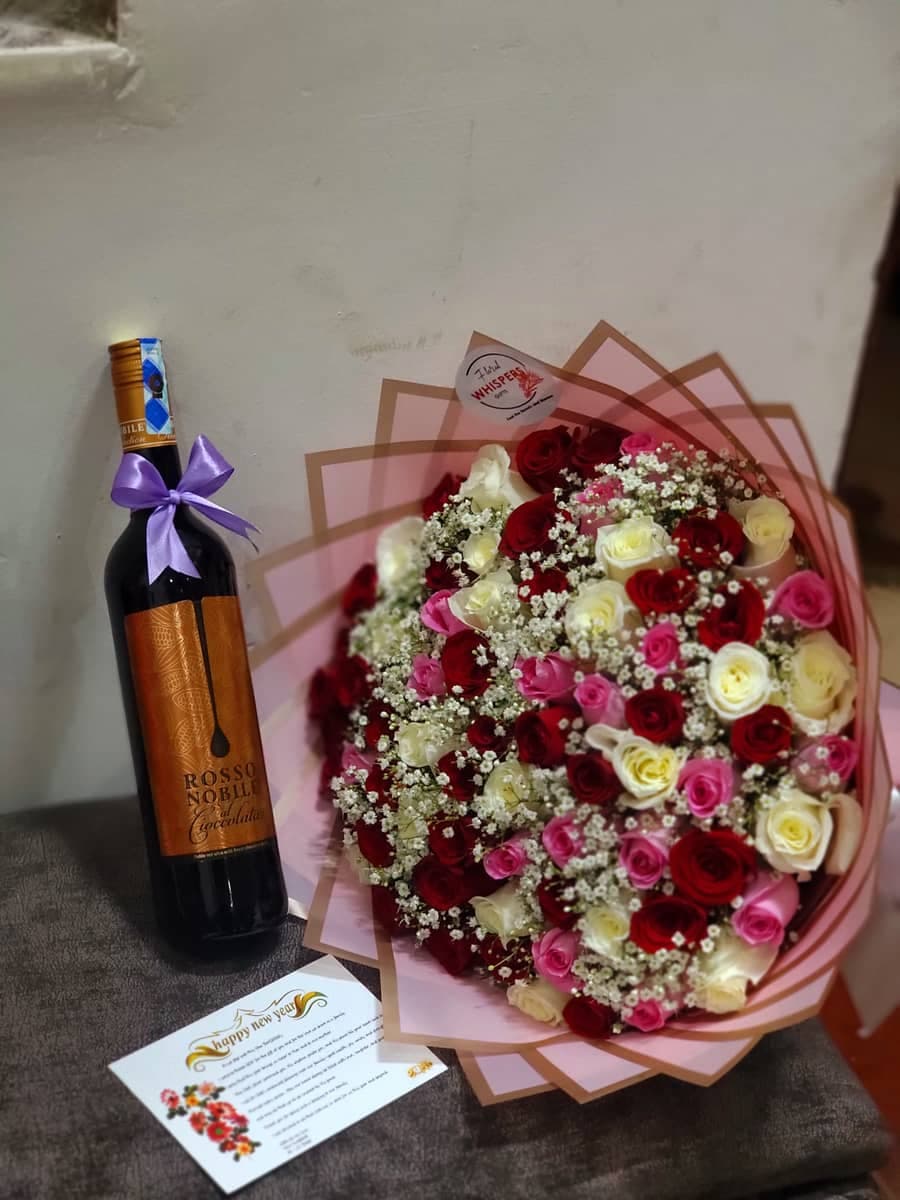 Luxury Rose Bouquet & Wine gift set - Premium flower delivery Nairobi CBD, Westlands, Karen | Whispers Floral Gifts