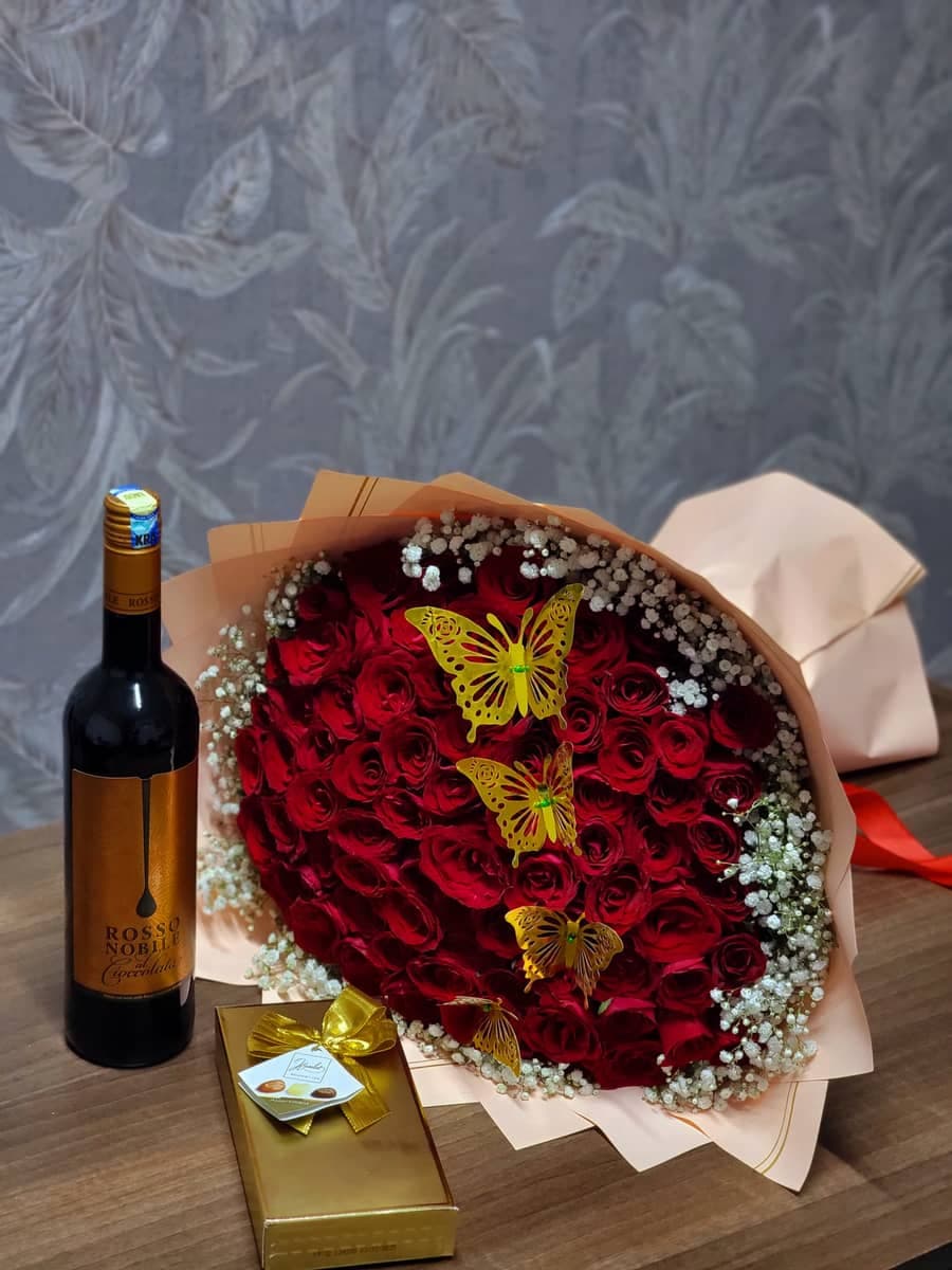 Golden Butterfly Romance – Luxury Red Rose Valentine Gift Set with Wine & Chocolates - Premium flower delivery Nairobi CBD, Westlands, Karen | Whispers Floral Gifts