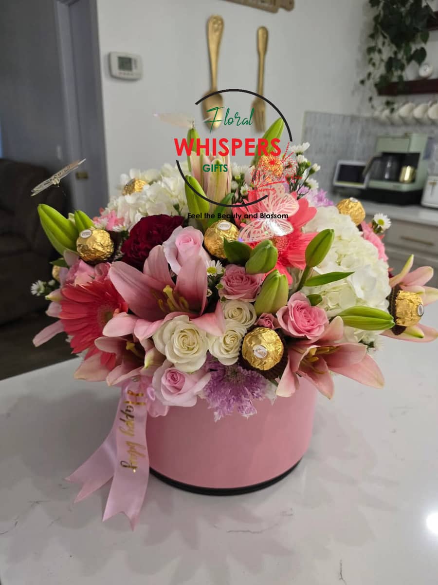 Blush Royale Flowers & Chocolate Hat Box — flowers delivered in Nairobi by Floral Whispers Gifts