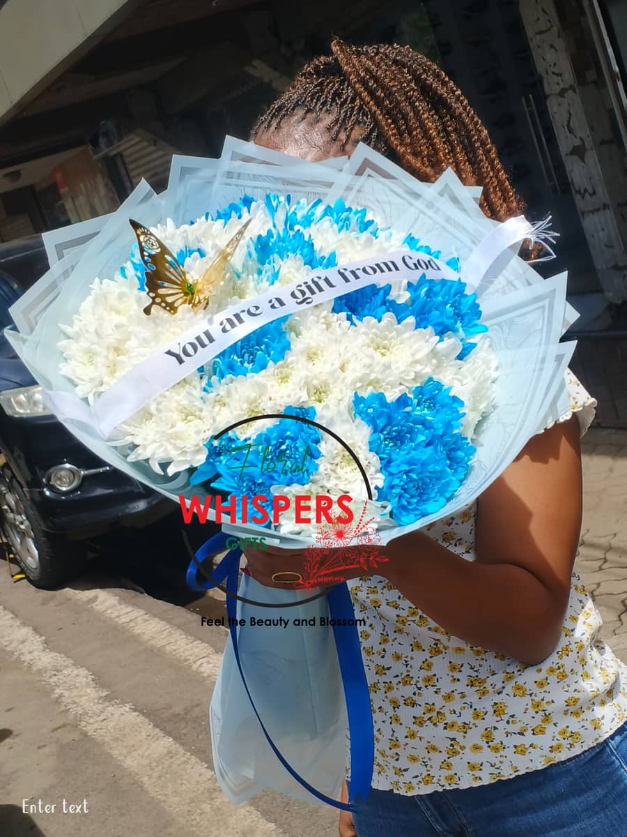 You Are a Gift from God – Blue & White Chrysanthemum Bouquet — flowers delivered in Nairobi by Floral Whispers Gifts
