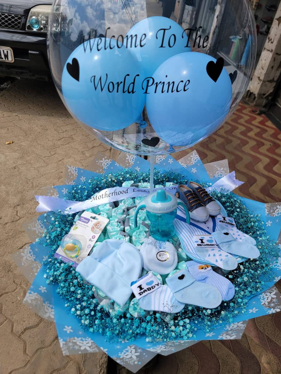 Baby Boy Gift Bouquet with Balloon & Essentials – Same-Day Delivery Nairobi — flowers delivered in Nairobi by Floral Whispers Gifts